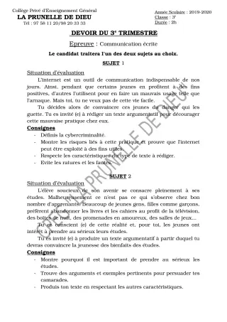 Première page de Français 3e, 3e ML — 3e devoir surveillé, 3e trimestre (2019-2020) · CEPG La Prunelle de Dieu