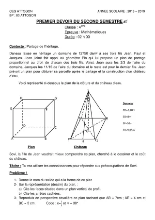 Première page de Mathématiques 4e — 1er devoir surveillé, 2e semestre (2018-2019) · CEG Attogon