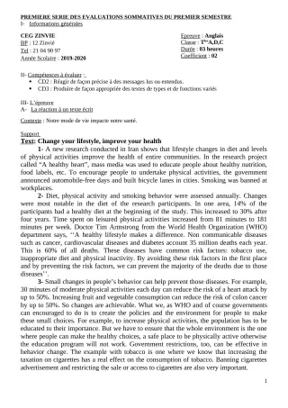 Première page de PCT Tle C, Tle D — 1re évaluation sommative, 1er semestre (2019-2020) · CEG Zinvié