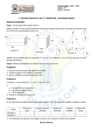 Première page de Mathématiques 6e — 1er devoir surveillé, 1er trimestre (2019-2020) · CPEG LE PHARAON
