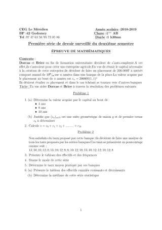 Première page de Mathématiques 1ère A1, 1ère A2, 1ère B — 1er devoir surveillé, 2e semestre (2018-2019) · CEG Le Méridien