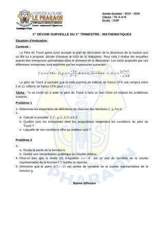 Première page de Mathématiques Tle A, Tle A1, Tle A2, Tle B — 1er devoir surveillé, 1er trimestre (2019-2020) · CPEG LE PHARAON