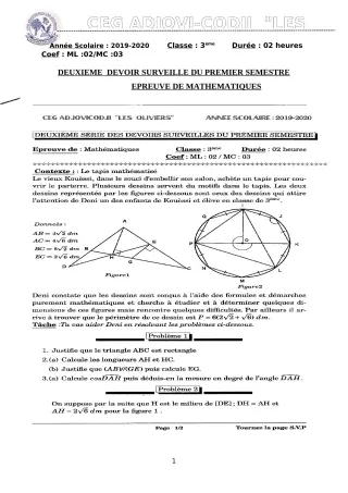 Première page de Mathématiques 3e — 2e devoir surveillé, 1er semestre (2019-2020) · CEG ADJOVICODJI 'LES OLIVIERS'