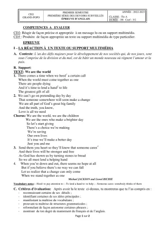 Première page de Anglais Tle A2 — 1er devoir surveillé, 1er semestre (2022-2023) · CEG Grand-Popo