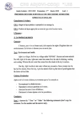 Première page de Anglais 5e — 1er devoir surveillé, 2e semestre (2019-2020) · CEG ADJOVICODJI 'LES OLIVIERS'