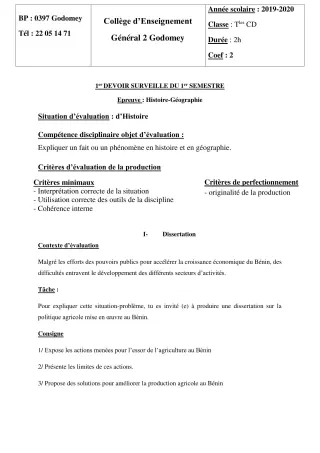 Première page de Histoire-Géographie Tle C, Tle D — 1er devoir surveillé, 1er semestre (2019-2020) · CEG2 Godomey