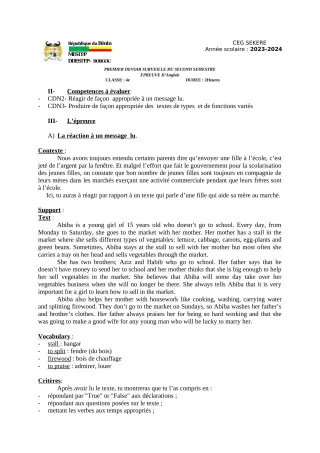 Première page de Anglais 4e — 1er devoir surveillé, 2e semestre (2023-2024) · CEG SEKERE