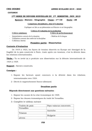Première page de Histoire-Géographie 1ère C, 1ère D — 1er devoir surveillé, 1er semestre (2019-2020) · CEG ZOGBO