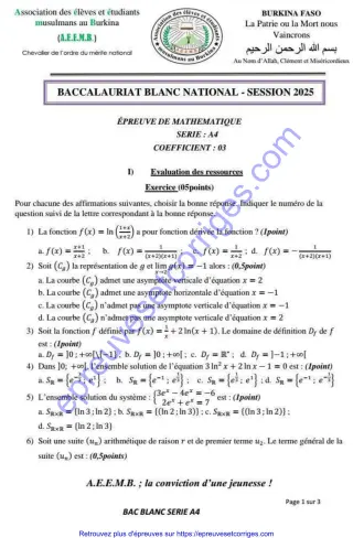 Première page de Épreuve BAC blanc national 2025 mathématiques série a4 burkina fasso