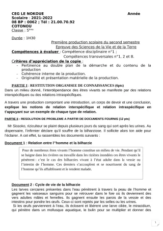 Première page de SVT 5e — 1re production scolaire, 2e semestre (2021-2022) · CEG LE NOKOUE