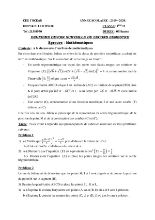 Première page de Mathématiques 1ère D — 2e devoir surveillé, 2e semestre (2019-2020) · CEG l'Océan