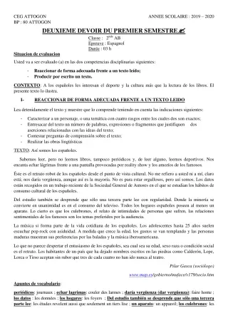 Première page de Espagnol 2nde A & B, 2nde A1, 2nde A2, 2nde B — 2e devoir surveillé, 1er semestre (2019-2020) · CEG Attogon