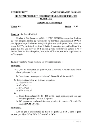 Première page de Mathématiques 5e — 2e devoir surveillé, 1er semestre (2020-2021) · CEG SEKERE