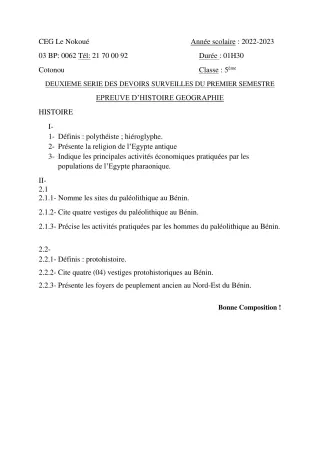 Première page de Histoire-Géographie 5e — 2e devoir surveillé, 1er semestre (2022-2023) · CEG LE NOKOUE
