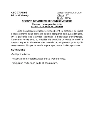 Première page de Français 5e — 2e devoir surveillé, 2e semestre (2019-2020) · CEG Tankpè