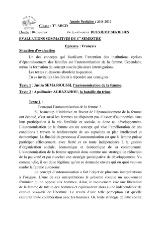 Première page de Français Tle A1, Tle A2, Tle B, Tle C, Tle D — 2e évaluation sommative, 1er semestre (2018-2019) · CEG Sô-Ava