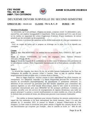 Première page de Français Tle A1, Tle A2, Tle B, Tle C, Tle D — 2e devoir surveillé, 2e semestre (2023-2024) · CEG Yagbe