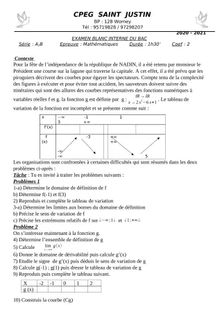 Première page de Examen Blanc de MATHS GENE — Tle A1, Tle A2 — CPEG SAINT Justin (2020)