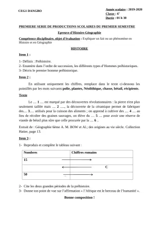 Première page de Histoire-Géographie 6e, 5e, 4e, 4e ML, 3e, 3e ML, 2nde A & B, 2nde A2, 2nde C, 2nde D, 1ère A2, 1ère B, 1ère C, 1ère D, Tle A1, Tle A2, Tle B, Tle C, Tle D — 1re production scolaire, 1er semestre (201