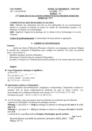 Première page de PCT 2nde C — 2e devoir surveillé, 1er semestre (2020-2021) · CEG PAHOU