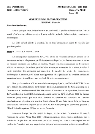 Première page de Français Tle A2, Tle B, Tle C, Tle D — Devoir surveillé, 2e semestre (2019-2020) · CEG L'Entente