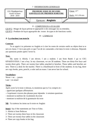Première page de Anglais 6e, 5e, 4e ML&MC, 3e, 3e ML — 1er devoir surveillé, 1er semestre (2018-2019) · CEG Kpakpavissa