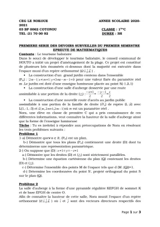 Première page de Mathématiques 1ère C — 1er devoir surveillé, 1er semestre (2020-2021) · CEG LE NOKOUE