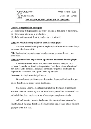 Première page de SVT 5e — 2e production scolaire, 2e semestre (2018-2019) · CEG OKEDAMA
