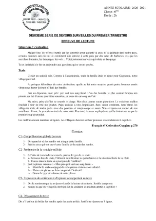 Première page de Français 6e — 2e devoir surveillé, 1er trimestre (2020-2021) · CPEG PENIEL