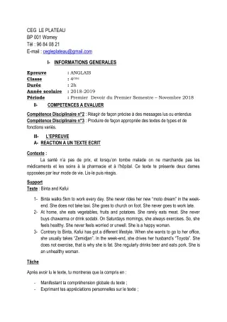 Première page de Anglais 4e ML — 1er devoir surveillé, 1er semestre (2018-2019) · CEG Le Plateau