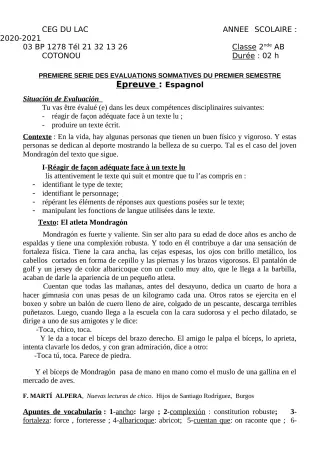 Première page de Espagnol 2nde A, 2nde B — 1re évaluation sommative, 1er semestre (2020-2021) · CEG du Lac