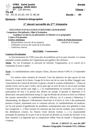 Première page de Histoire-Géographie Tle A2, Tle B — 1er devoir surveillé, 2e trimestre (2020-2021) · CPEG SAINT Justin