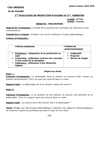 Première page de Philosophie 2nde C, 2nde D — 1re production scolaire, 2e semestre (2019-2020) · CEG SEHOUE