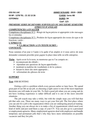 Première page de Anglais 1ère A2, 1ère B — 1er devoir surveillé, 2e semestre (2019-2020) · CEG du Lac