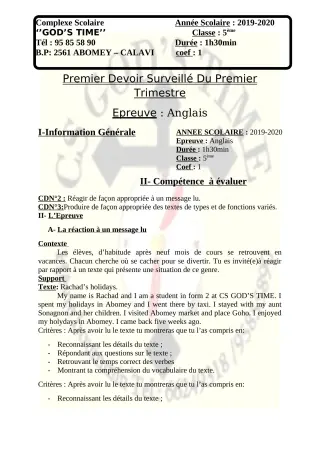 Première page de Mathématiques 5e — 1er devoir surveillé, 1er trimestre (2019-2020) · CPEG GOD'S TIME
