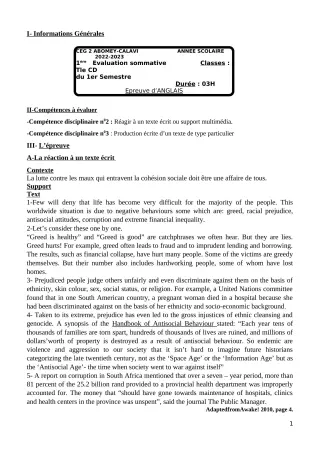 Première page de Anglais Tle D — 1re évaluation sommative, 1er semestre (2022-2023) · CEG2 ABOMEY - CALAVI (CEG ZOCA)
