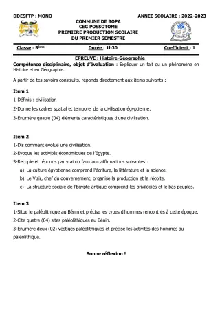 Première page de Histoire-Géographie 5e — 1re production scolaire, 1er semestre (2022-2023) · CEG POSSOTOME