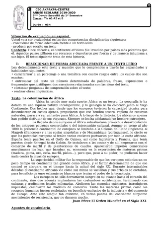 Première page de Espagnol Tle A1, Tle A2, Tle B — 2e devoir surveillé, 1er semestre (2019-2020) · CEG 1 Akpakpa-Centre