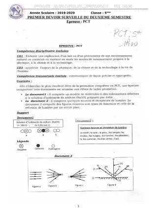 Première page de PCT 5e — 1er devoir surveillé, 2e semestre (2019-2020) · CEG ADJOVICODJI 'LES OLIVIERS'