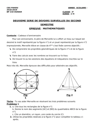 Première page de Mathématiques 4e — 2e devoir surveillé, 2e semestre (2018-2019) · CEG PAHOU
