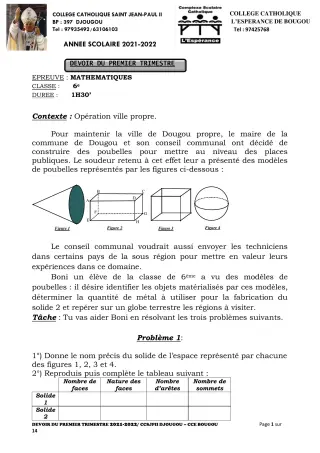 Première page de Mathématiques 6e, 5e, 4e, 2nde A2, 2nde C, 2nde D, 1ère A1, 1ère A2, 1ère C, 1ère D — 2e devoir surveillé, 1er trimestre (2021-2022) · CCJPII DJOUGOU
