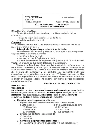 Première page de Espagnol 4e ML — 2e devoir surveillé, 2e semestre (2018-2019) · CEG OKEDAMA