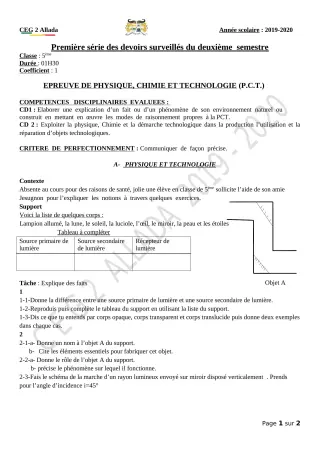 Première page de PCT 5e — 1er devoir surveillé, 2e semestre (2019-2020) · CEG 2 Allada