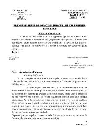 Première page de Français 5e — 1er devoir surveillé, 1er semestre (2020-2021) · CEG Kouhounou-Vêdoko
