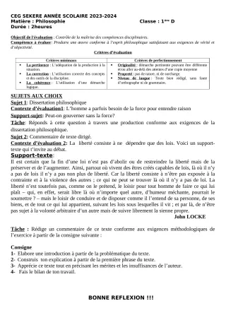 Première page de Devoir surveillé de PHILO — 1ère D — CEG SEKERE (2023)