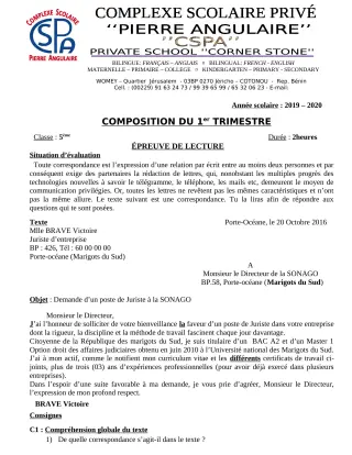 Première page de Français 5e — Composition, 1er trimestre (2019-2020) · CPEG PIERRE ANGULAIRE