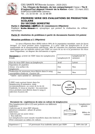 Première page de SVT Tle D — Production scolaire, 2e semestre (2020-2021) · CEG Sainte Rita