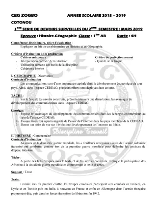Première page de Histoire-Géographie 1ère A1, 1ère A2, 1ère B — 1er devoir surveillé, 2e semestre (2018-2019) · CEG ZOGBO