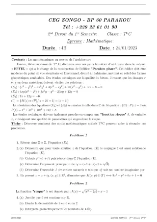 Première page de Mathématiques Tle C — 2e devoir surveillé, 1er semestre (2022-2023) · CEG ZONGO