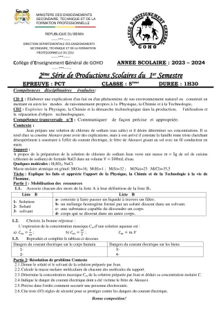 Première page de PCT 5e — 2e production scolaire, 1er semestre (2023-2024) · CEG GOHO